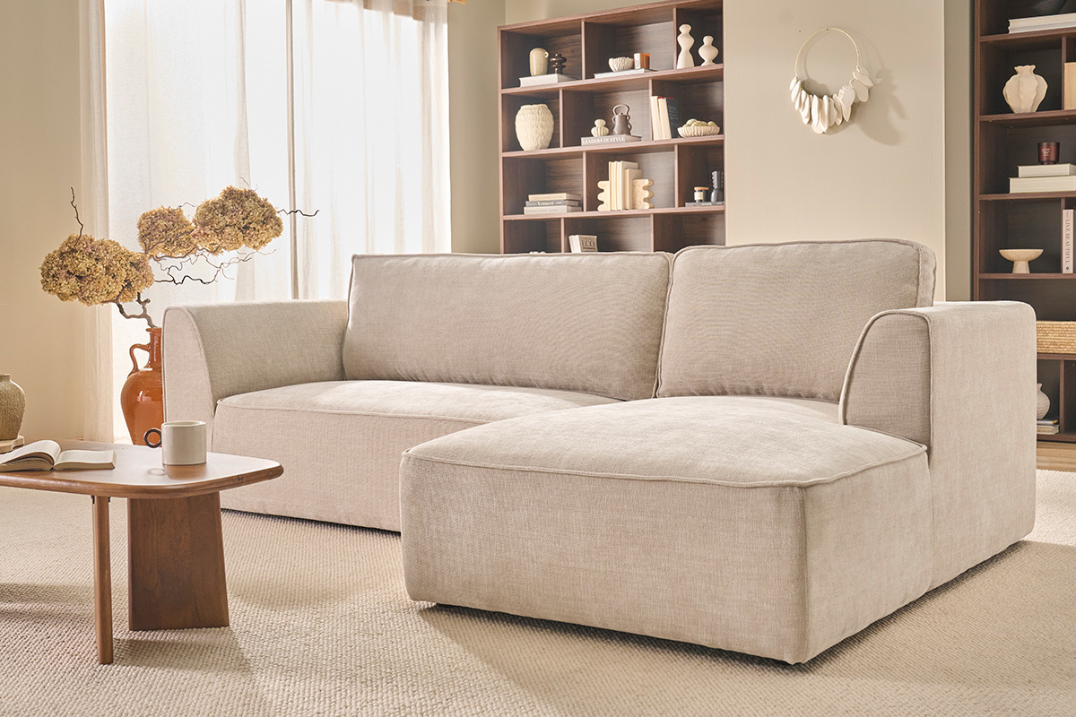 Canap� d'angle droit design en tissu effet velours textur� gris 3 places GRAMMY