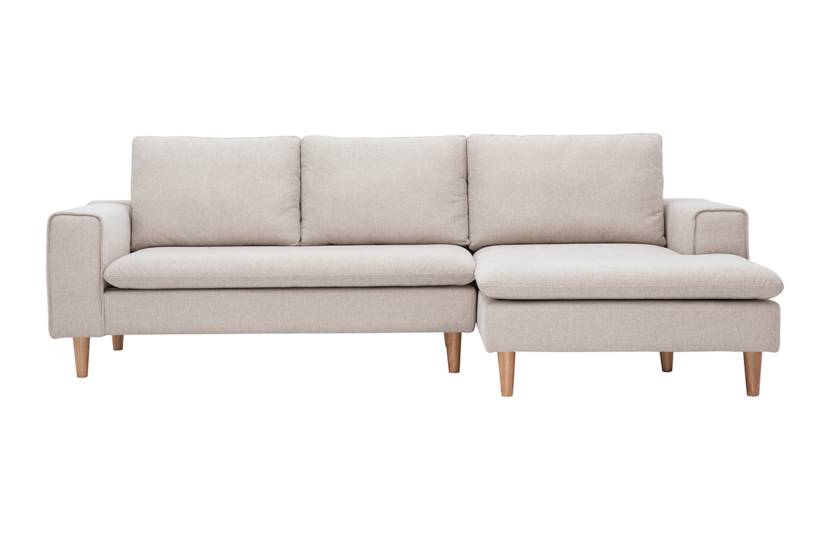 Canap� d'angle droit en tissu effet velours textur� beige et bois clair RAGNAR