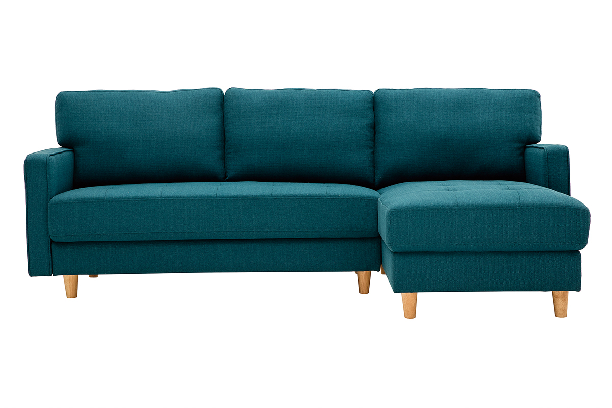 Canap d'angle droit scandinave 3 places en tissu bleu canard et bois clair CUMBIA
