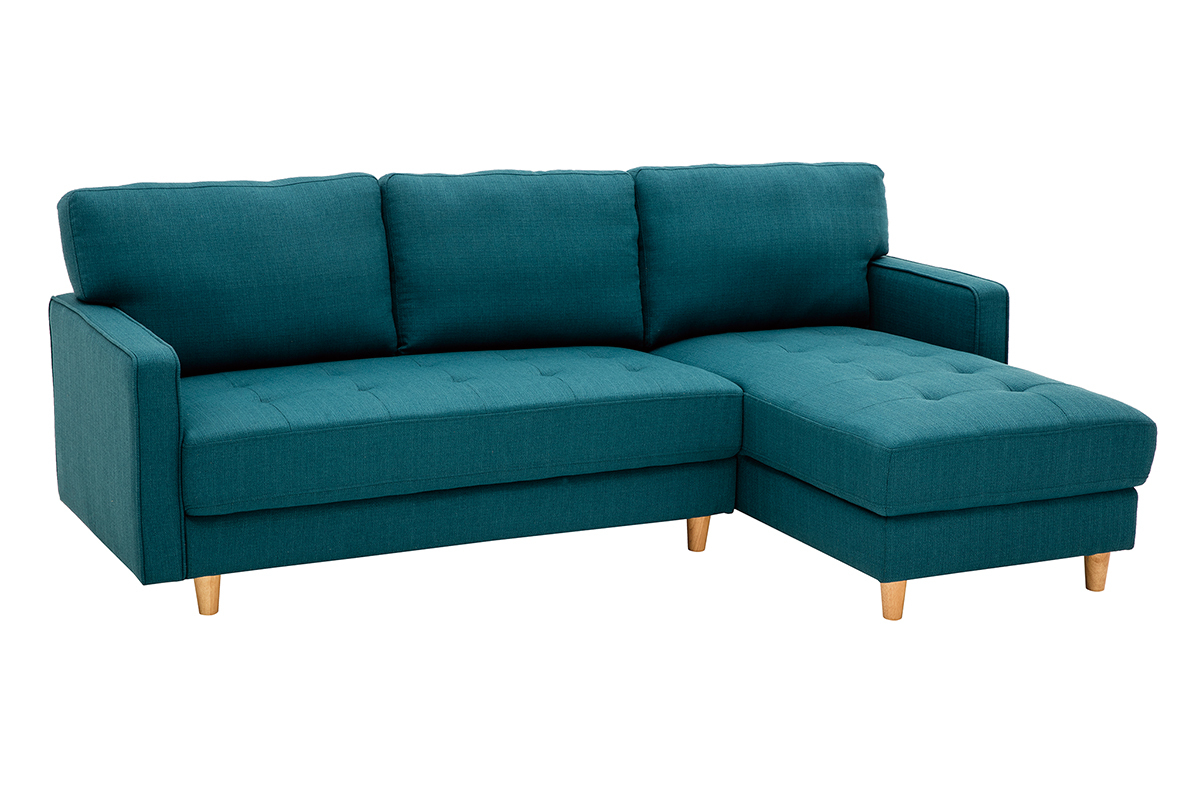 Canap d'angle droit scandinave 3 places en tissu bleu canard et bois clair CUMBIA