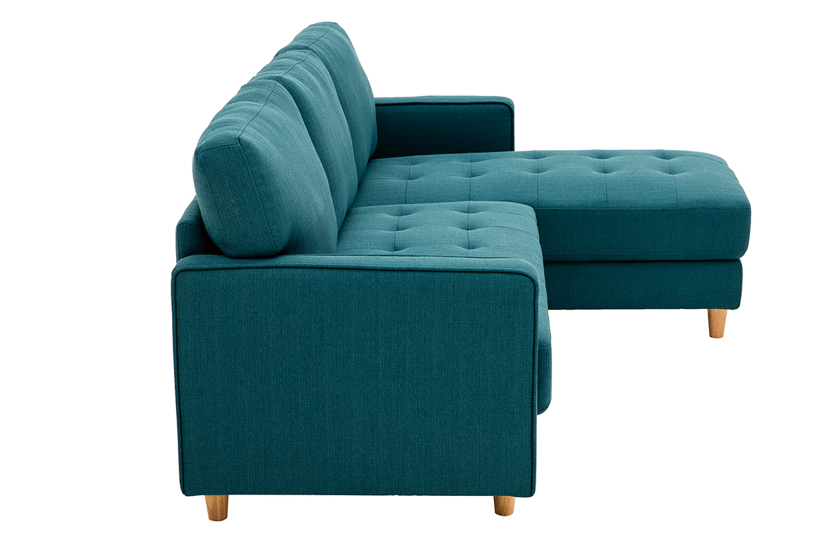 Canap d'angle droit scandinave 3 places en tissu bleu canard et bois clair CUMBIA
