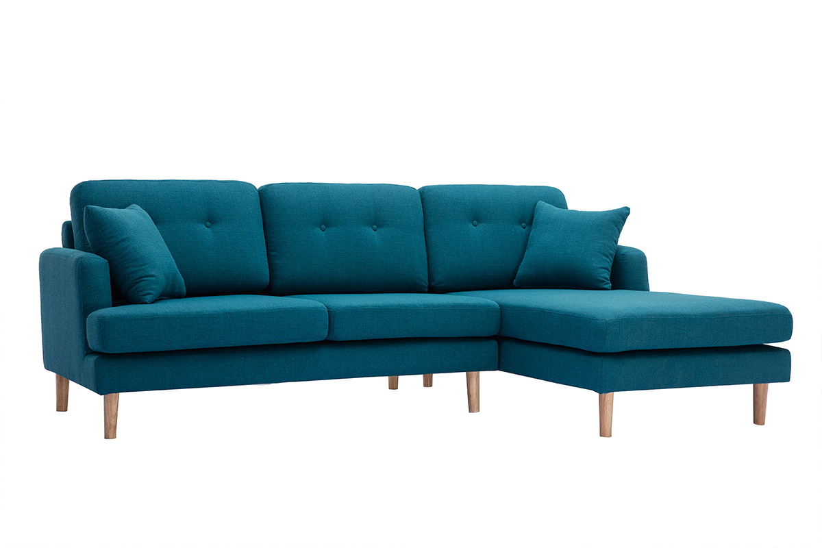 Canap� d'angle droit scandinave 4 places en tissu bleu canard et bois clair CODDY