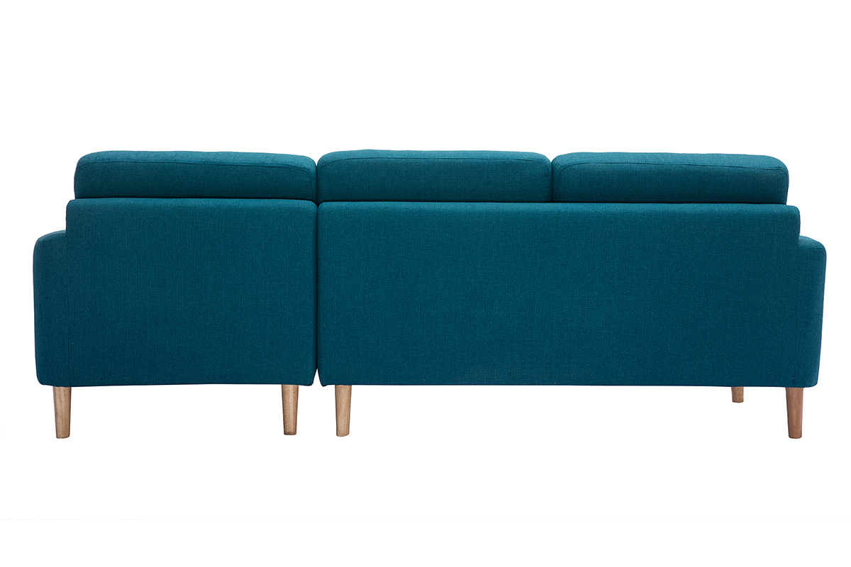 Canap� d'angle droit scandinave 4 places en tissu bleu canard et bois clair CODDY