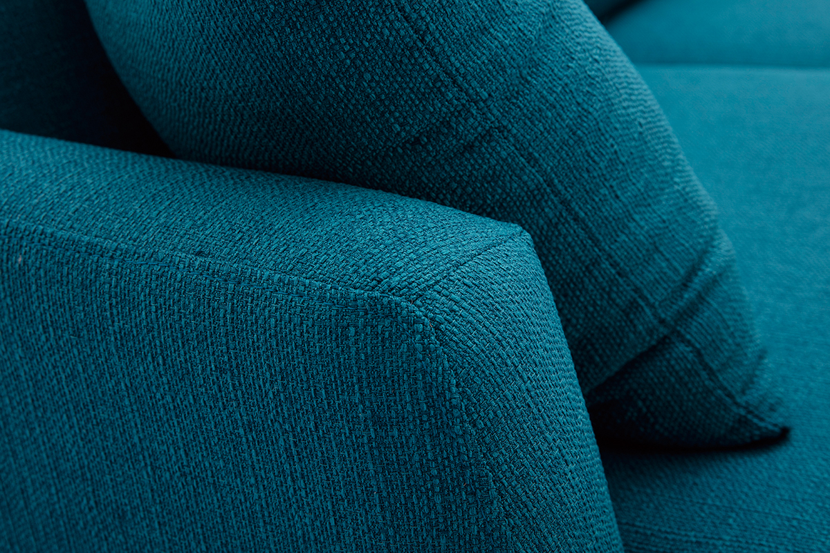 Canap� d'angle droit scandinave 4 places en tissu bleu canard et bois clair CODDY