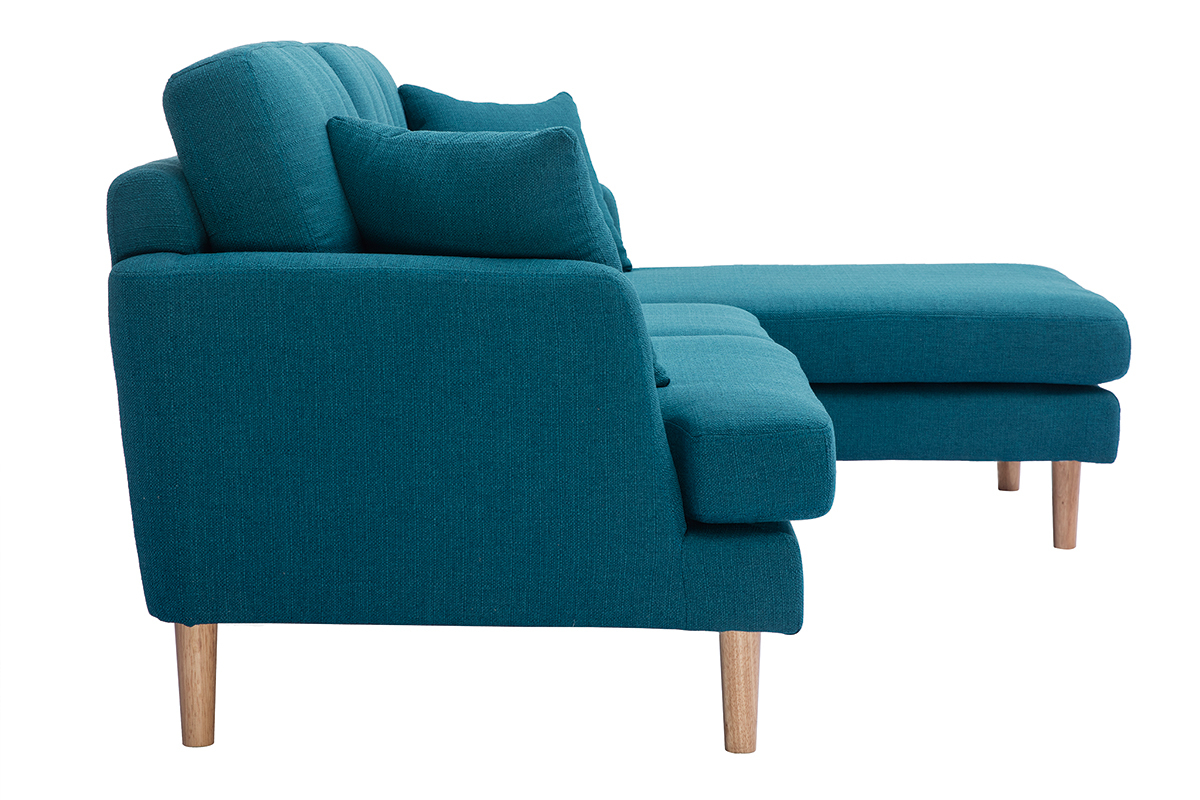Canap� d'angle droit scandinave 4 places en tissu bleu canard et bois clair CODDY