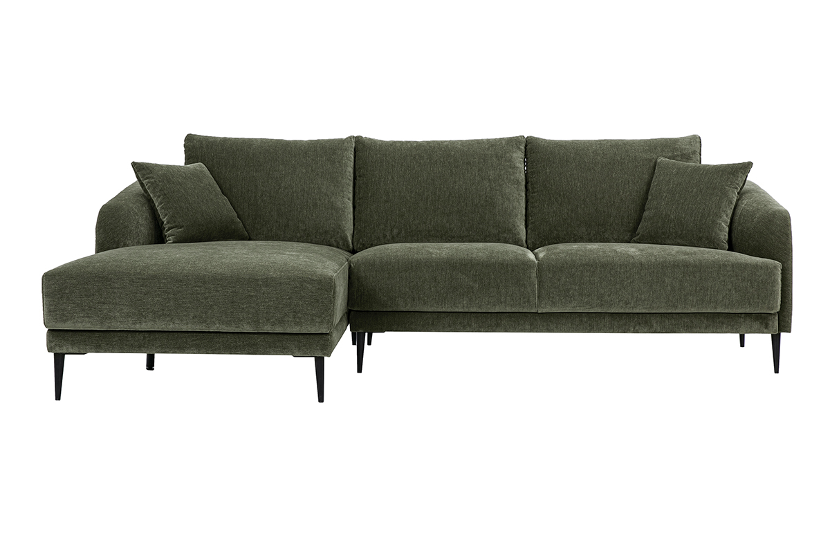 Canap� d'angle gauche 3 places en tissu effet velours vert kaki et m�tal noir JERRY