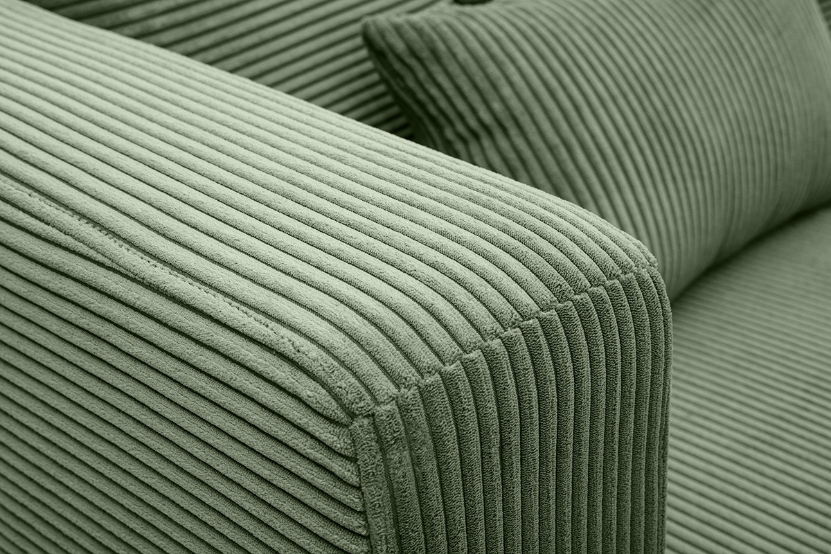 Canap d'angle gauche 3 places en tissu velours ctel vert kaki et bois clair HARLEM