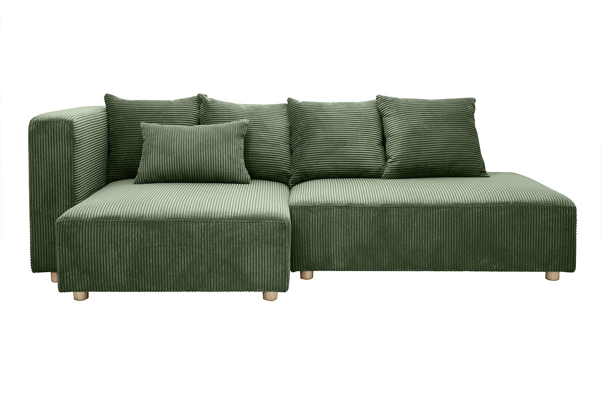 Canap d'angle gauche 3 places en tissu velours ctel vert kaki et bois clair HARLEM