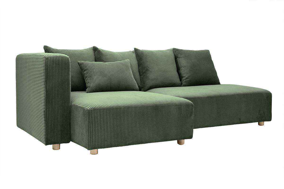 Canap d'angle gauche 3 places en tissu velours ctel vert kaki et bois clair HARLEM
