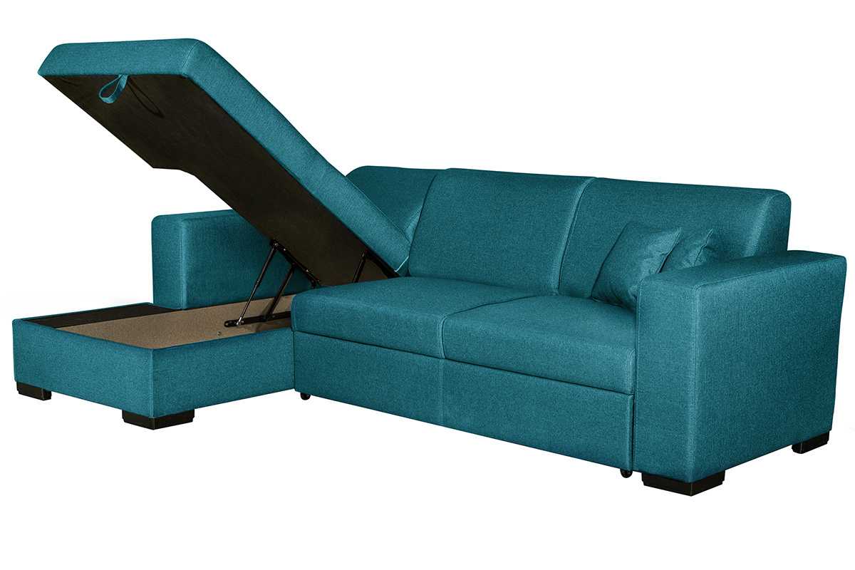 Canap� d'angle gauche convertible avec rangement bleu canard PERRY