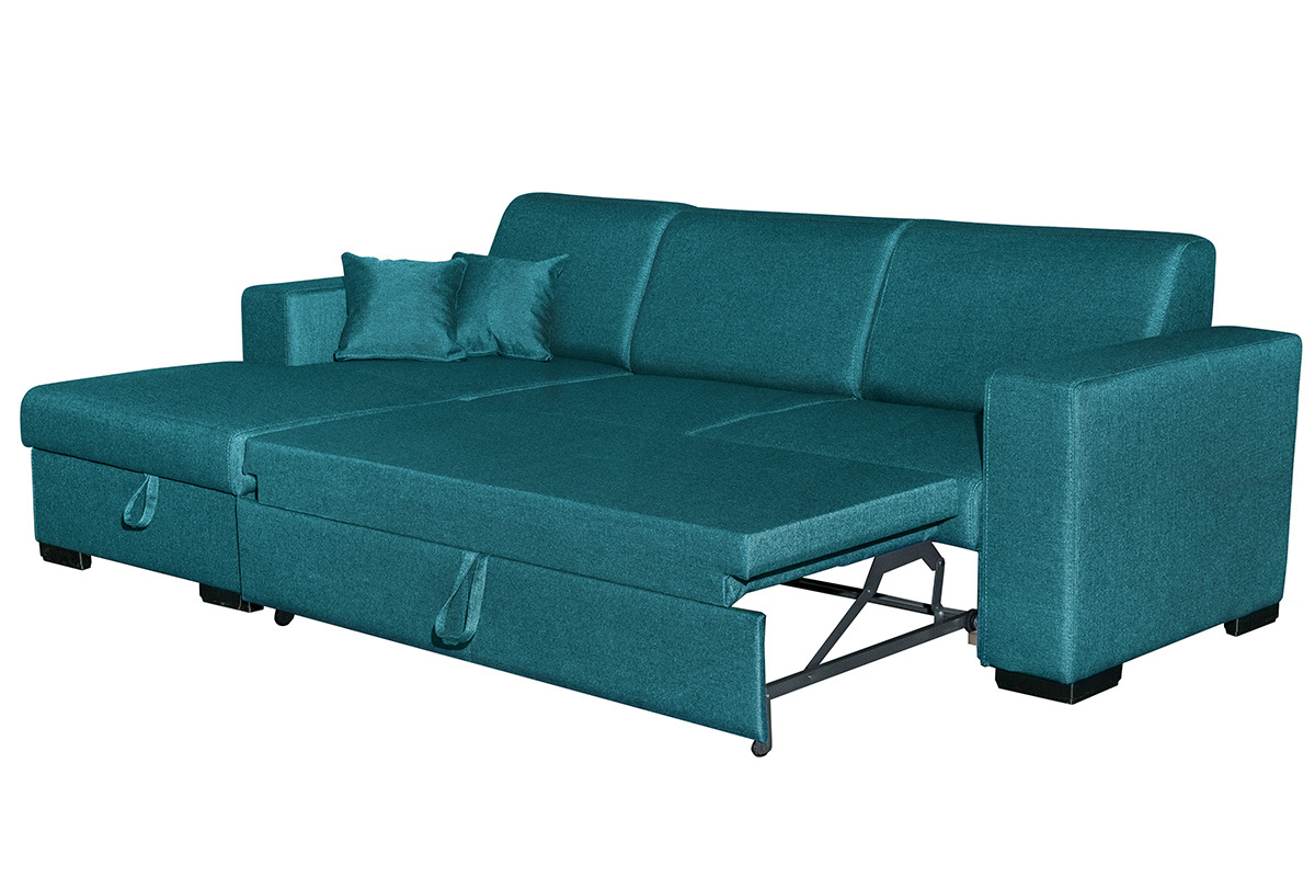 Canap� d'angle gauche convertible avec rangement bleu canard PERRY