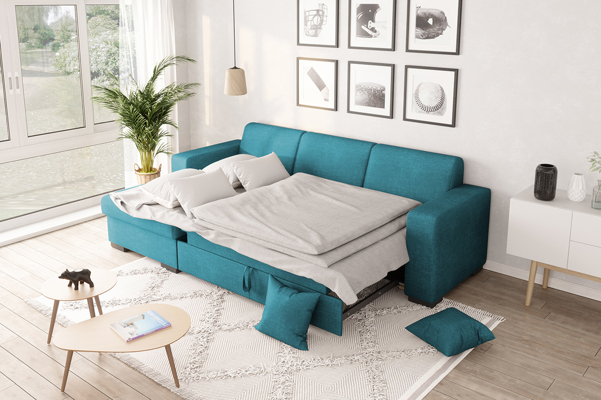 Canap� d'angle gauche convertible avec rangement bleu canard PERRY