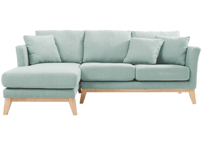 Canapé d'angle gauche déhoussable scandinave en tissu vert lagon et bois clair 3-4 places OSLO