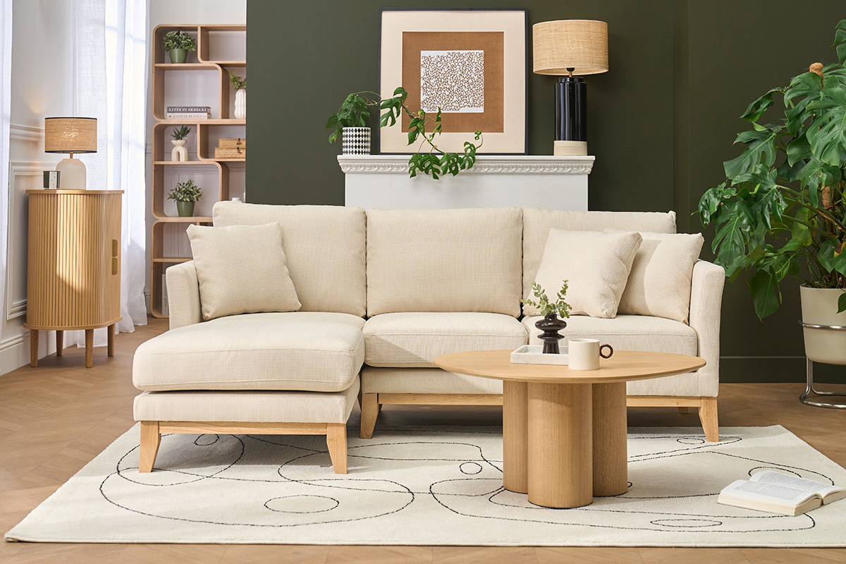Canap� d'angle gauche scandinave en tissu beige d�houssable et bois clair 3-4 places OSLO