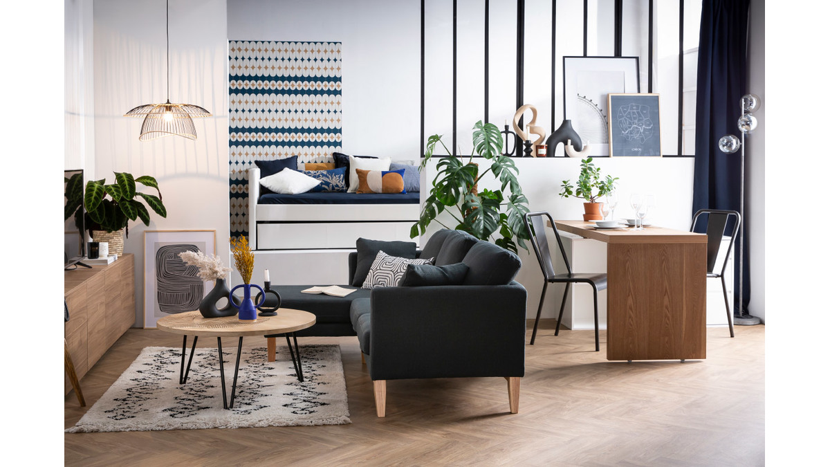 Canap d'angle gauche scandinave en tissu gris clair dhoussable et bois clair OSLO