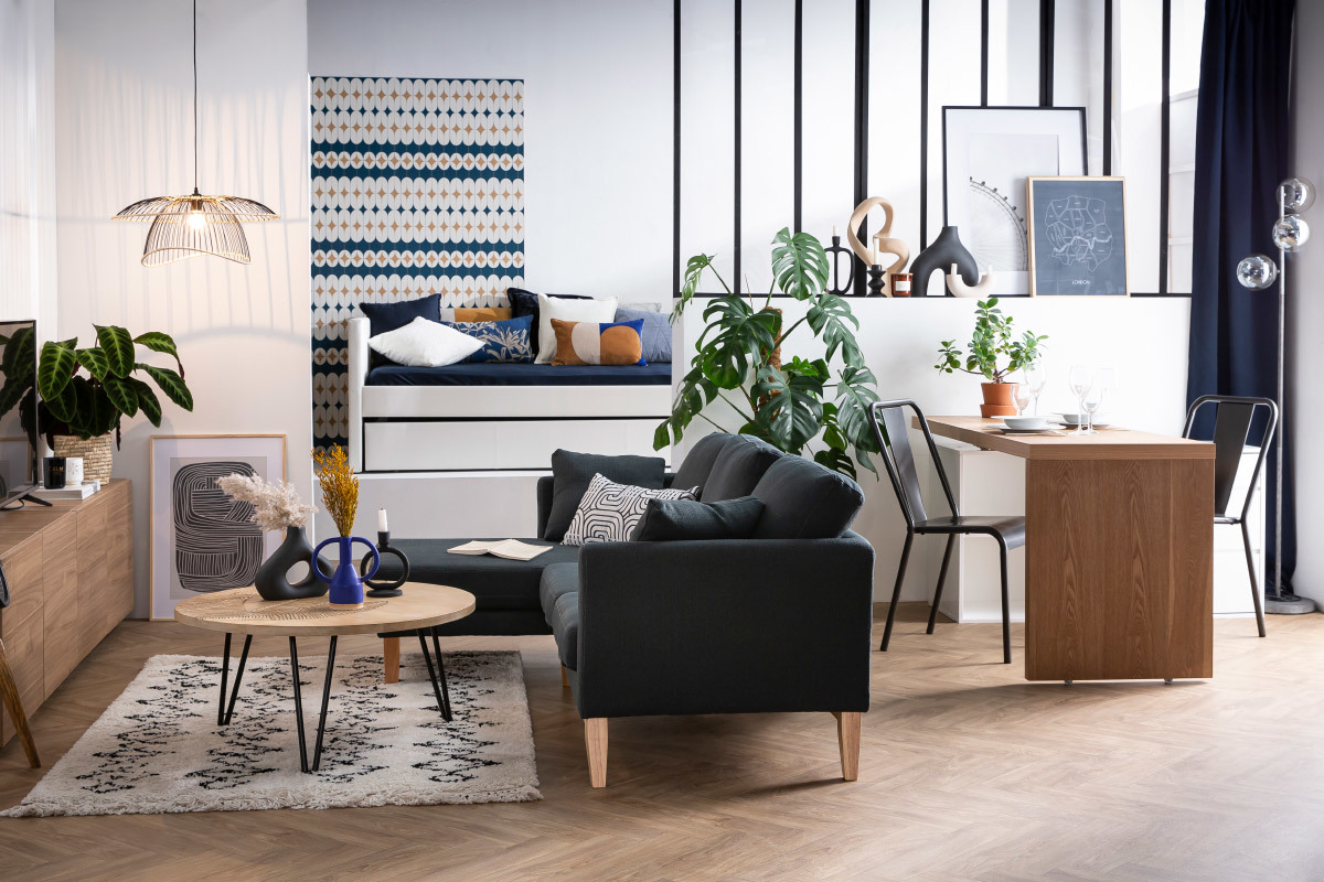 Canap� d'angle gauche scandinave en tissu gris fonc� d�houssable OSLO