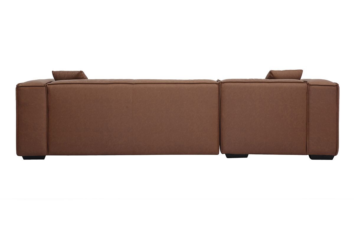 Canap d'angle gauche vintage 3-4 places en cuir marron et bois noir COBAIN