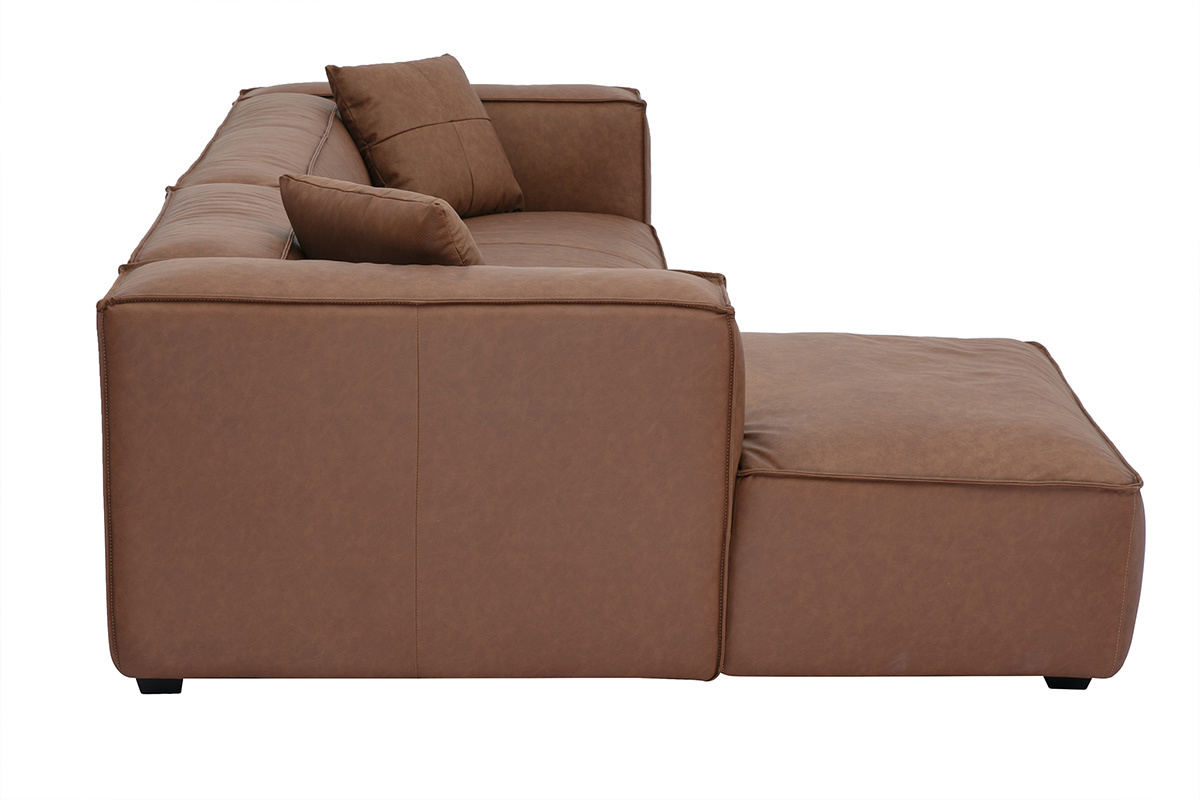 Canap d'angle gauche vintage 3-4 places en cuir marron et bois noir COBAIN