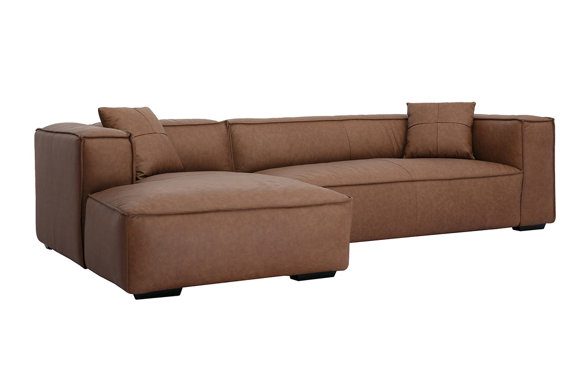 Canap d'angle gauche vintage 3-4 places en cuir marron et bois noir COBAIN