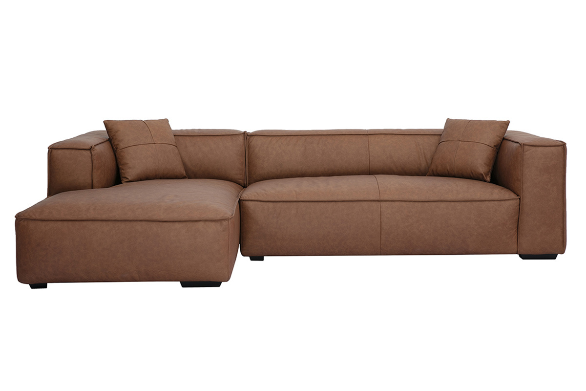 Canap d'angle gauche vintage 3-4 places en cuir marron et bois noir COBAIN