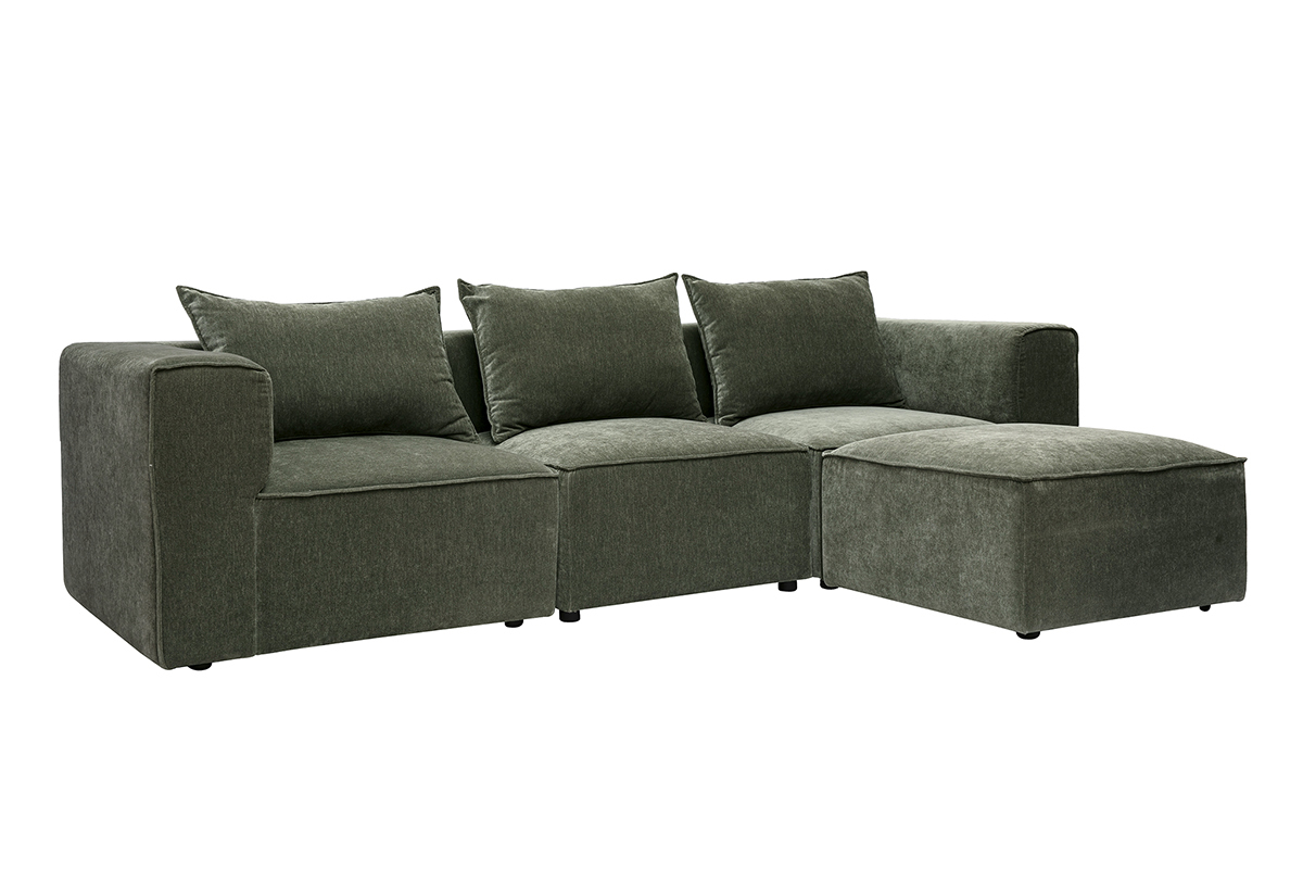 Canap� d'angle modulable 4 places en tissu effet velours vert kaki KERRY