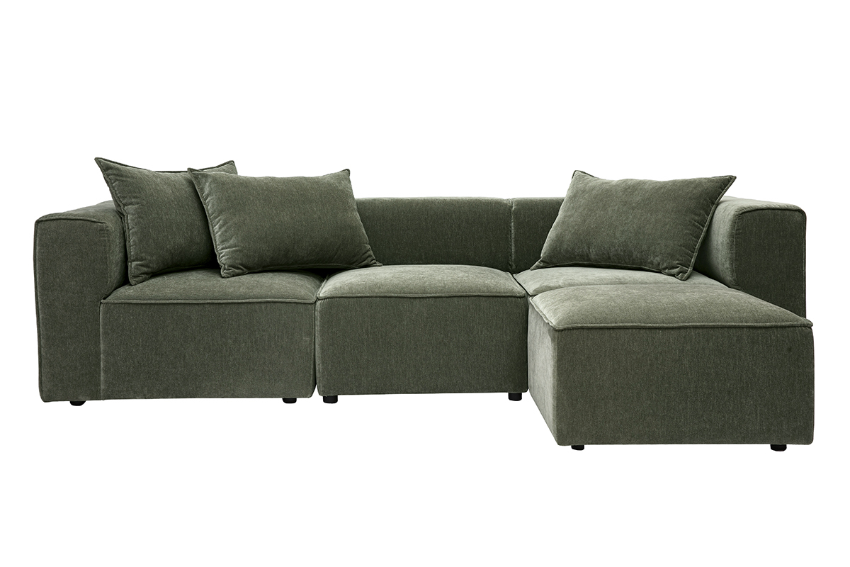 Canap� d'angle modulable 4 places en tissu effet velours vert kaki KERRY