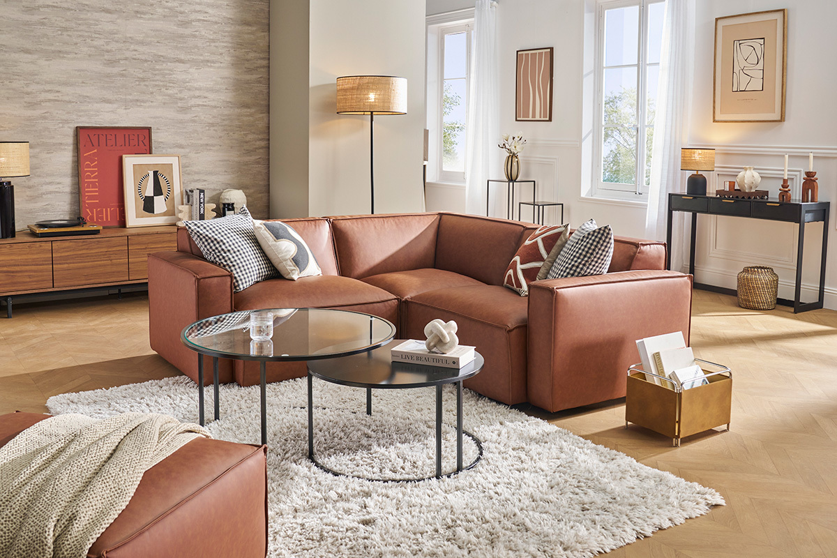 Canap d'angle modulable vintage 3 places en cuir marron SPLIT