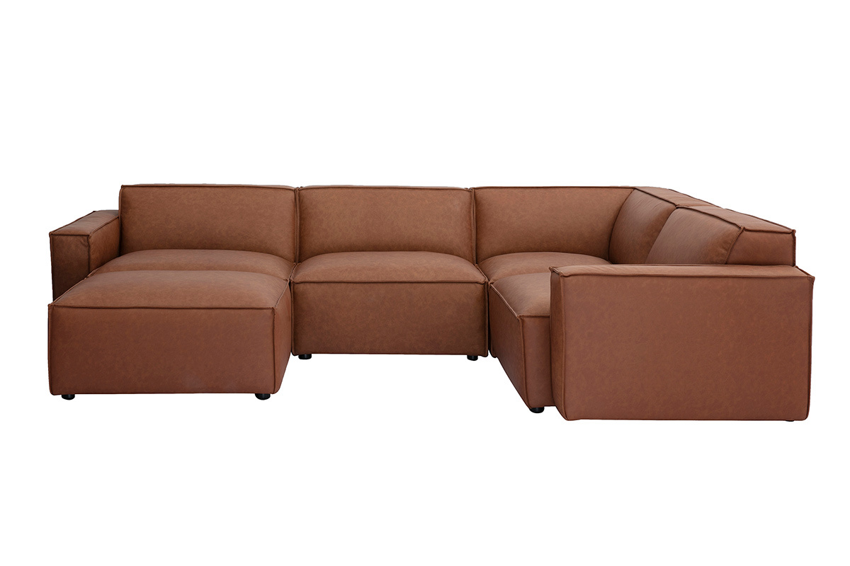 Canap d'angle modulable vintage 5 places et pouf en cuir marron SPLIT