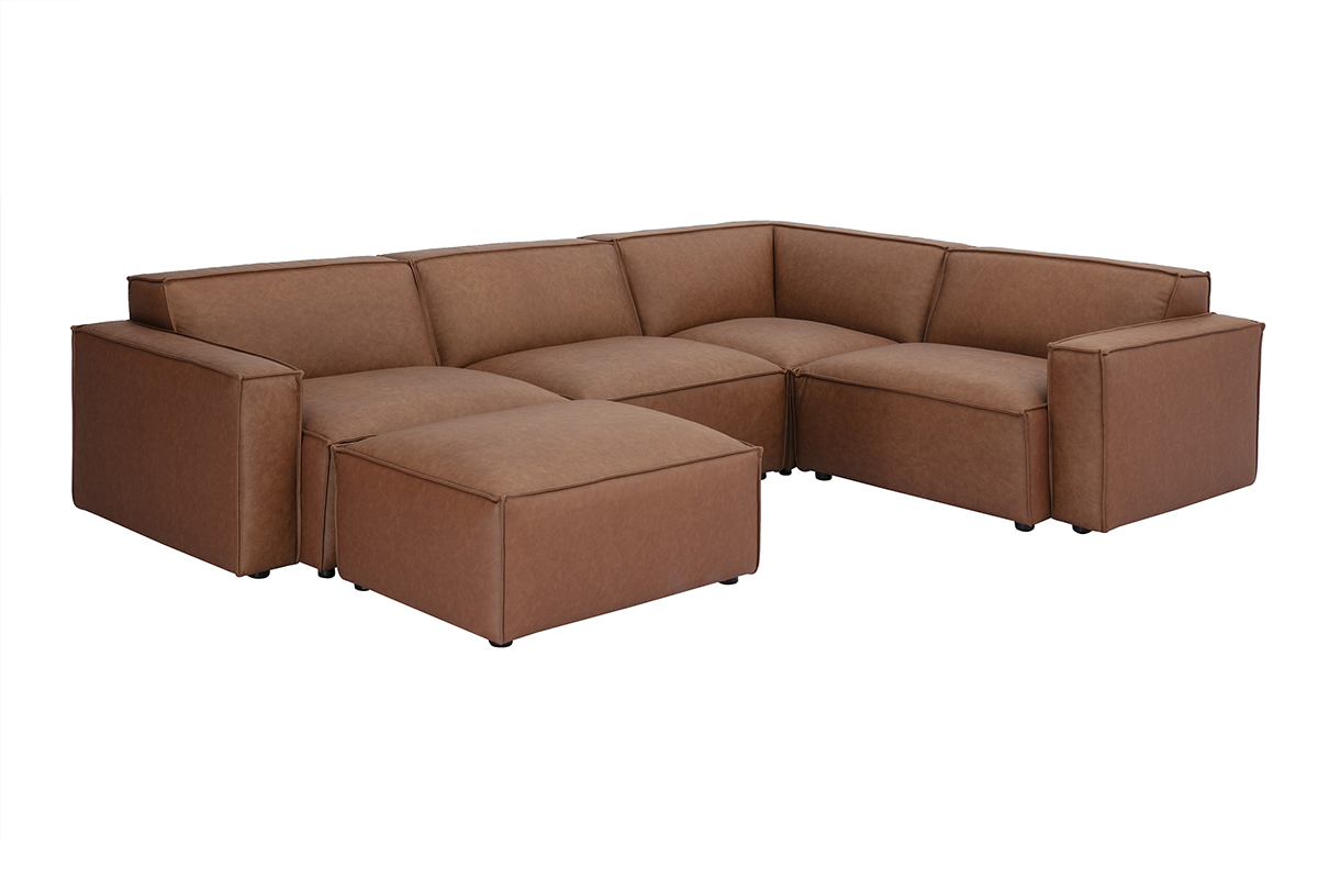 Canap d'angle modulable vintage 5 places et pouf en cuir marron SPLIT