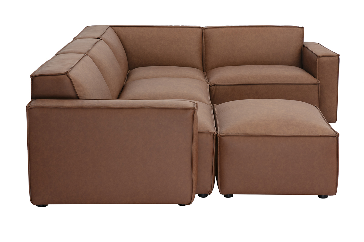 Canap d'angle modulable vintage 5 places et pouf en cuir marron SPLIT