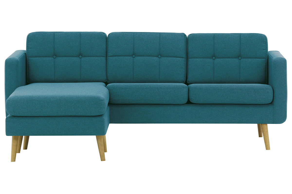 Canap� d'angle r�versible scandinave en tissu bleu canard et bois ELFE