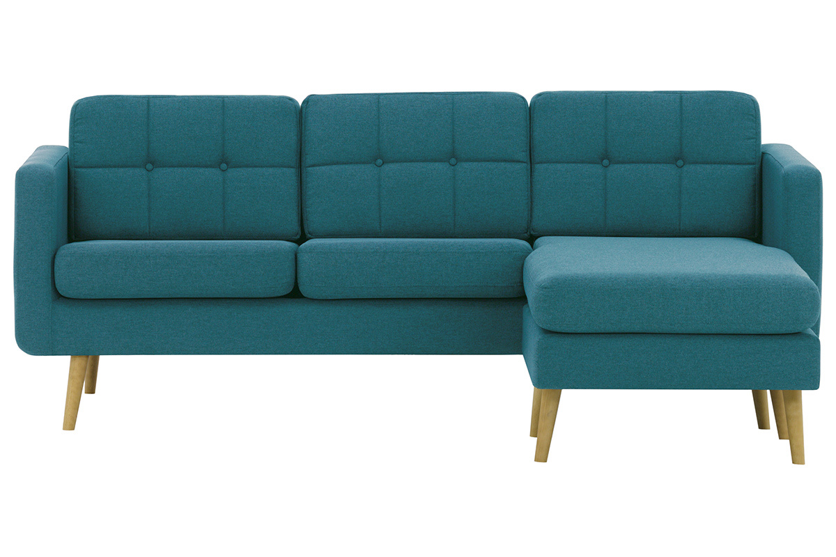 Canap� d'angle r�versible scandinave en tissu bleu canard et bois ELFE