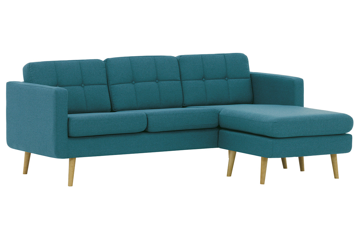 Canap� d'angle r�versible scandinave en tissu bleu canard et bois ELFE