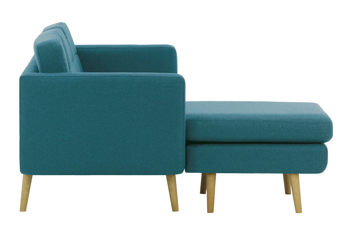 Canap� d'angle r�versible scandinave en tissu bleu canard et bois ELFE