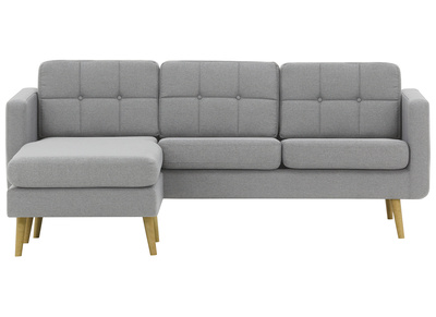 Canap&eacute; d'angle r&eacute;versible scandinave en tissu gris clair et bois ELFE