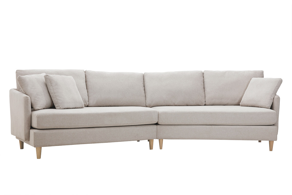 Canap d'angle scandinave 5 places en tissu effet velours textur beige et bois clair GROOVE