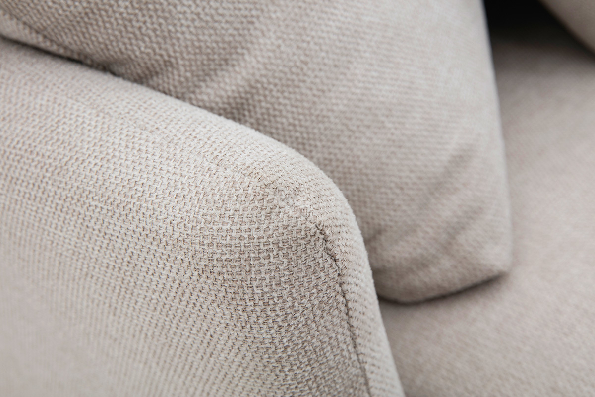 Canap d'angle scandinave 5 places en tissu effet velours textur beige et bois clair GROOVE