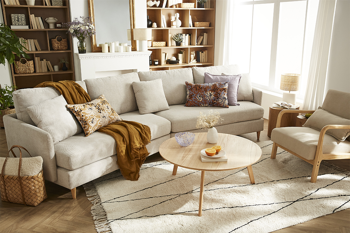 Canap d'angle scandinave 5 places en tissu effet velours textur beige et bois clair GROOVE