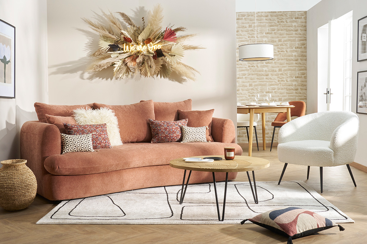 Canapé déhoussable 3-4 places design haricot en tissu effet velours terre brûlée SACHA