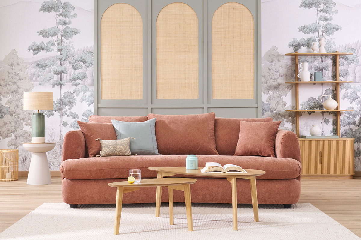 Canapé déhoussable 3-4 places design haricot en tissu effet velours terre brûlée SACHA
