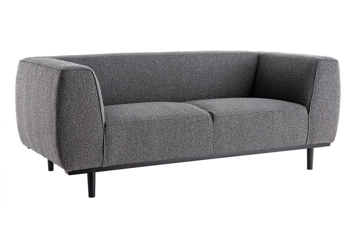 Canap design 2-3 places en tissu effet laine boucle gris anthracite et bois noir MORRIS