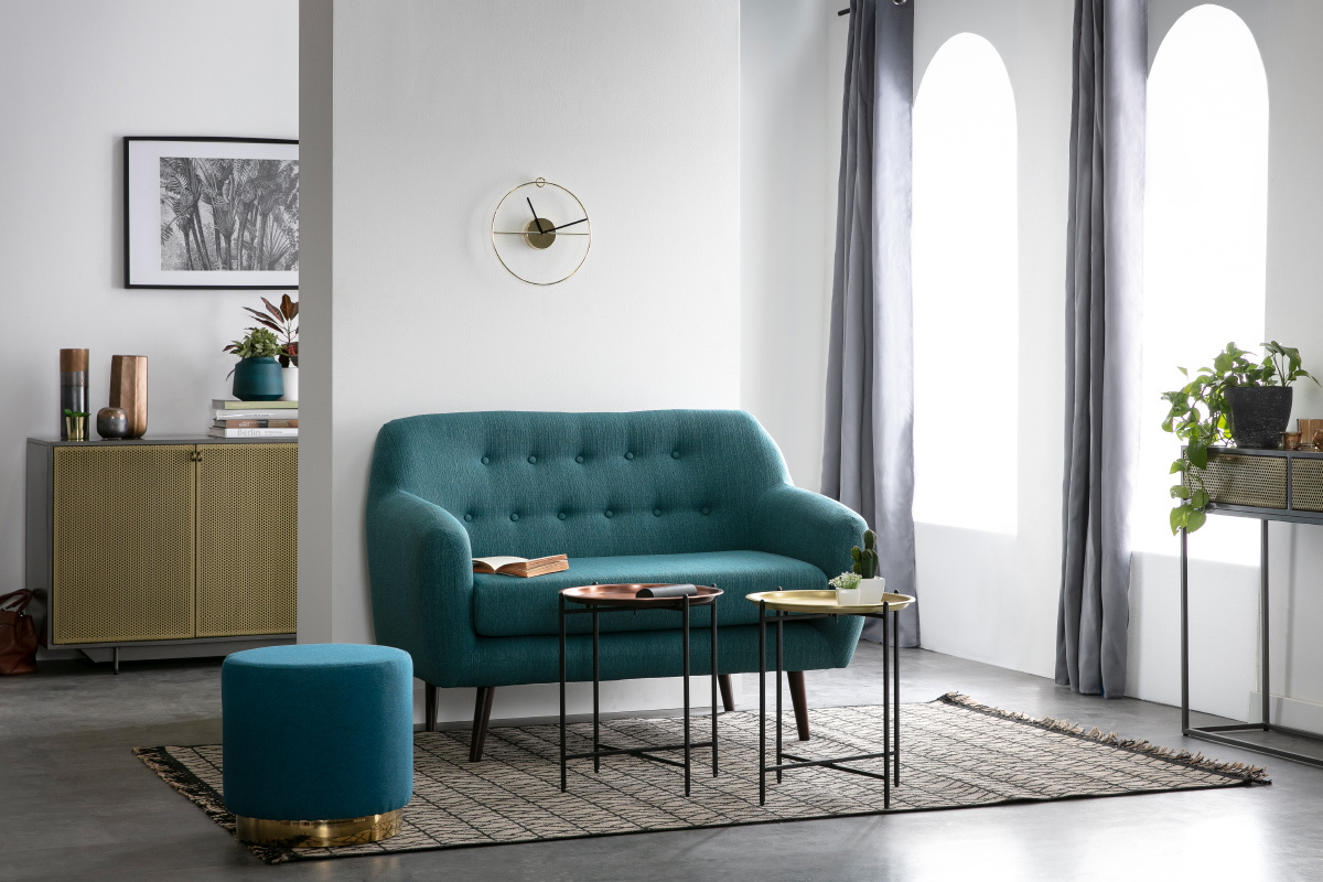 Canap� design 2 places bleu canard pieds noyer OLAF