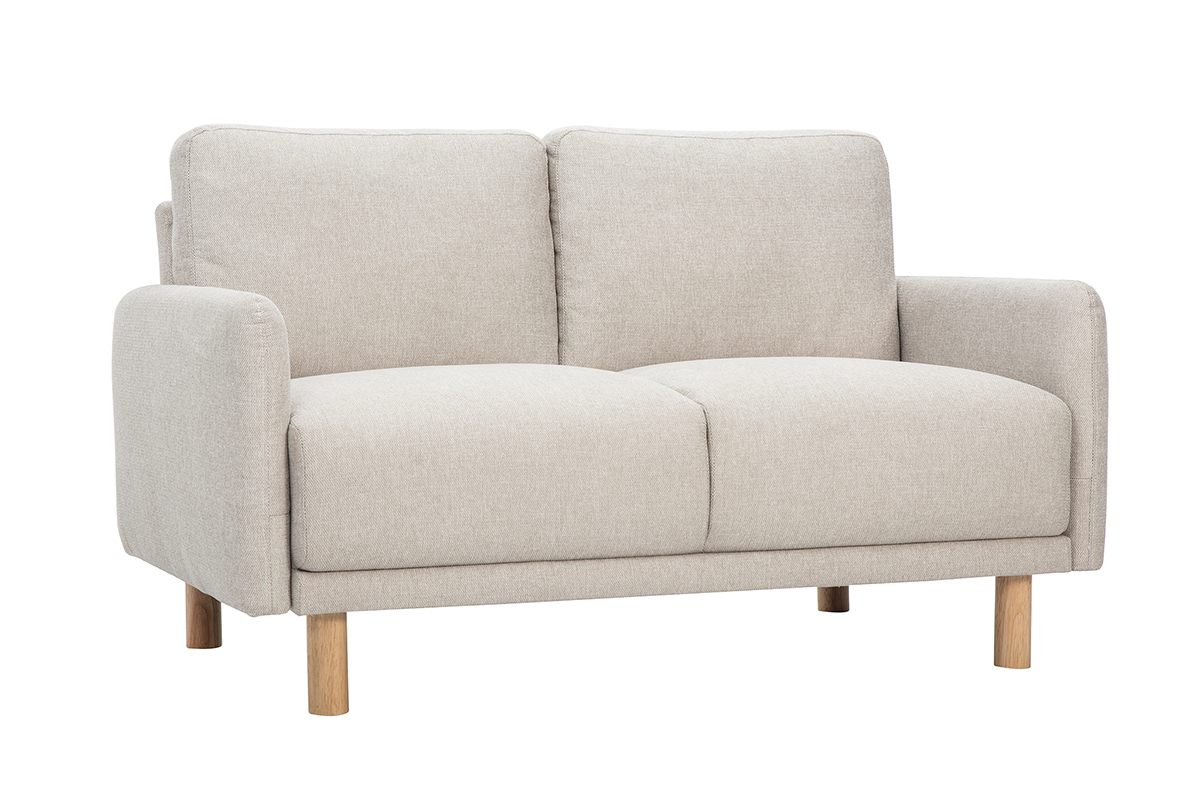 Canap� design 2 places en tissu effet velours textur� beige et bois clair BONO
