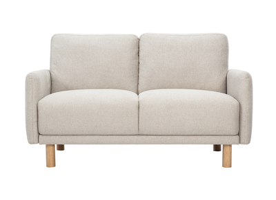 Canap&eacute; design 2 places en tissu effet velours textur&eacute; beige et bois clair BONO
