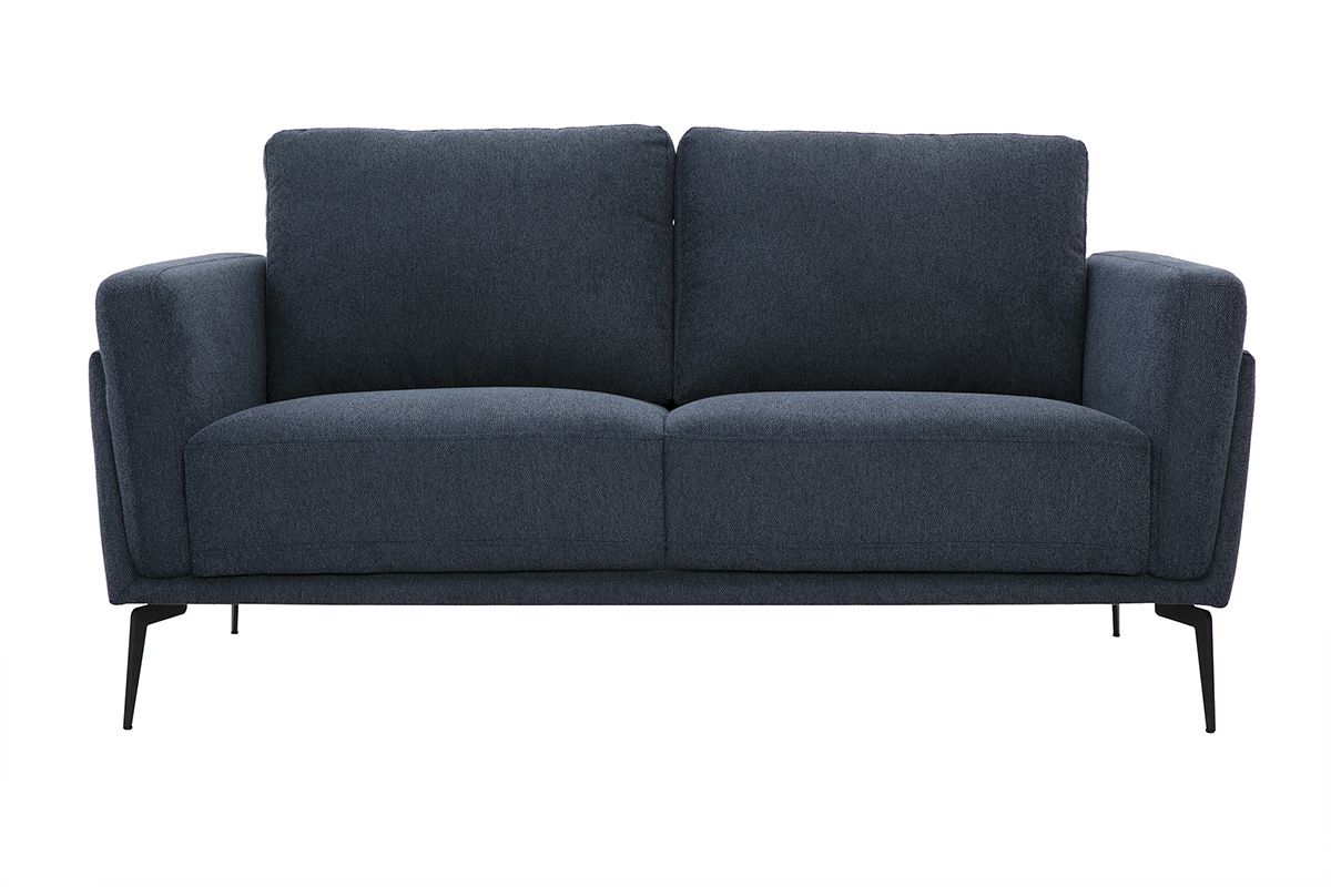 Canap design 2 places en tissu effet velours textur bleu fonc et mtal noir MOSCO