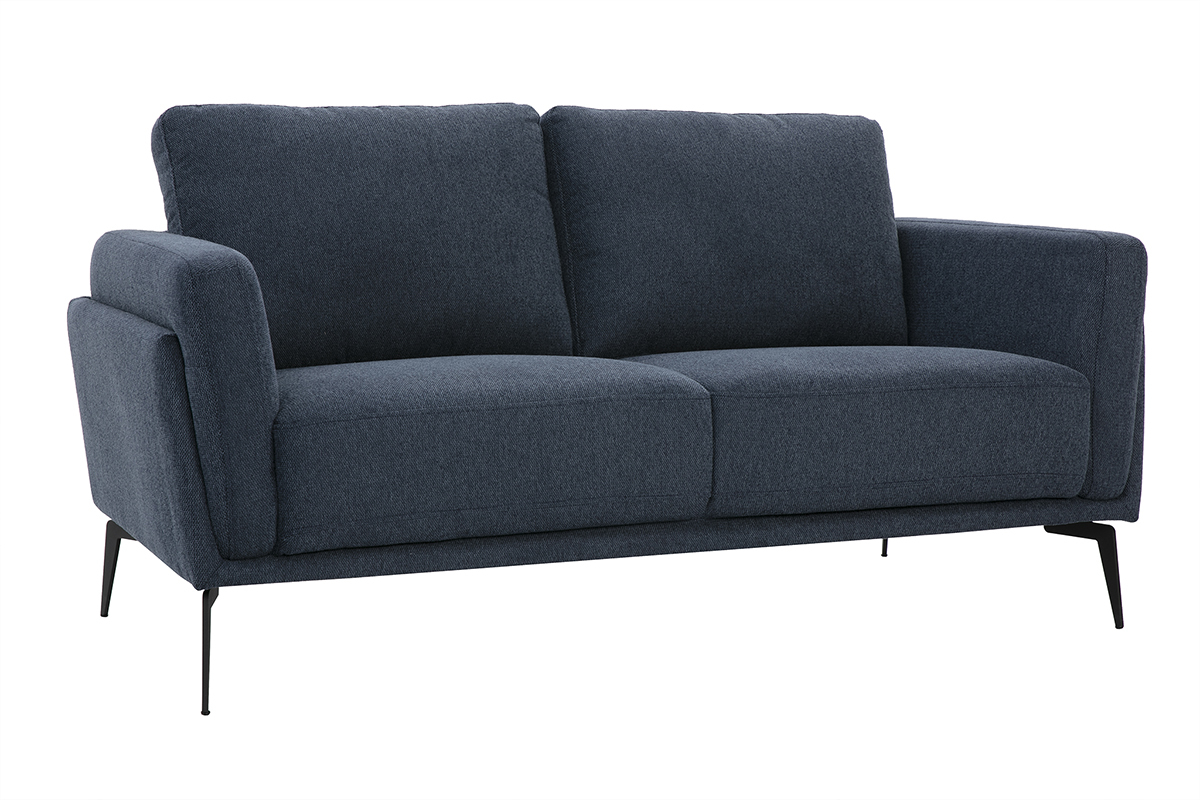 Canap design 2 places en tissu effet velours textur bleu fonc et mtal noir MOSCO