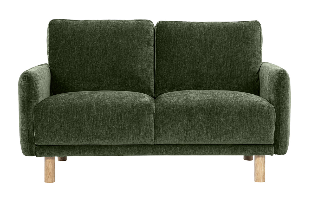Canap� design 2 places en tissu effet velours vert kaki et bois clair BONO