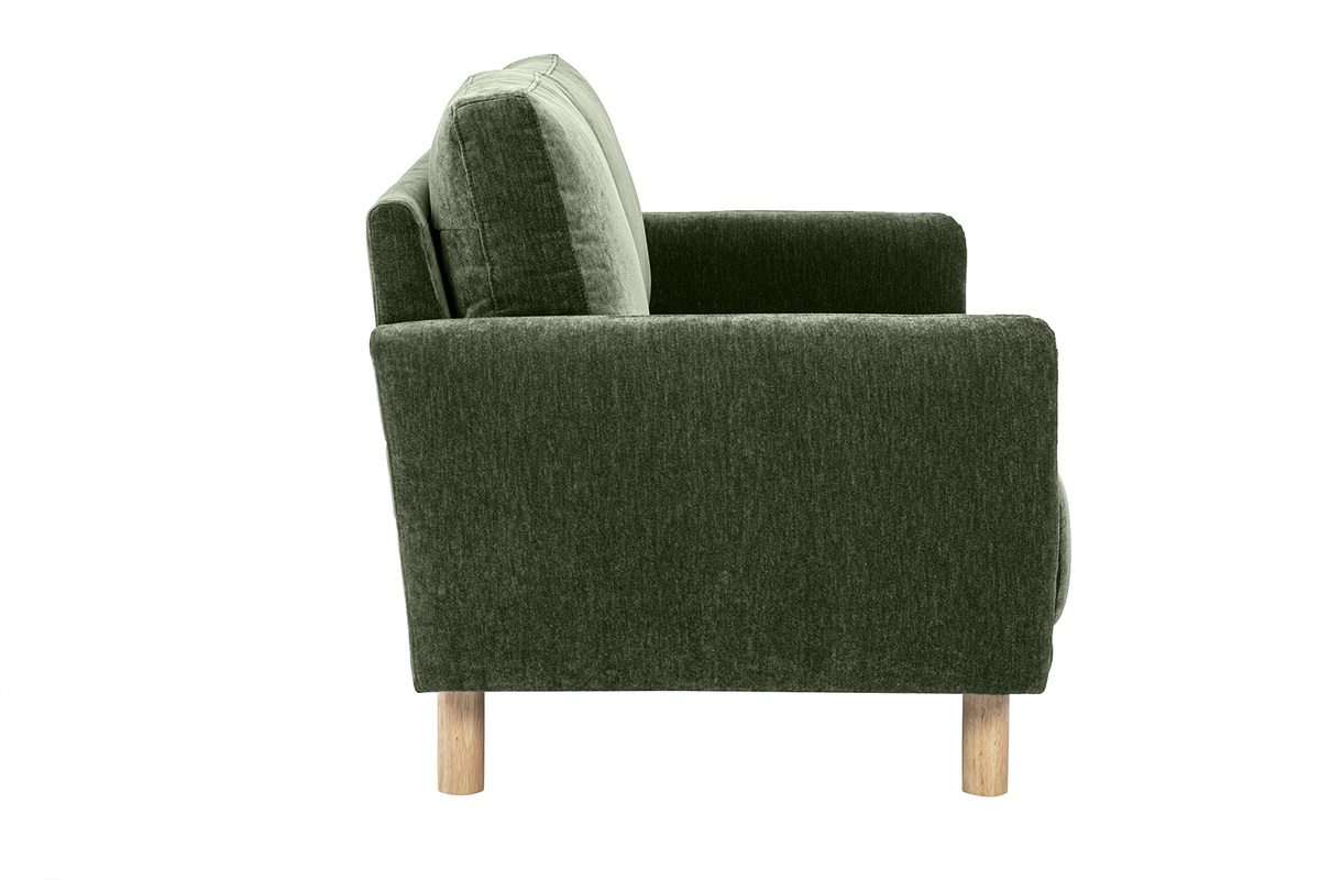 Canap� design 2 places en tissu effet velours vert kaki et bois clair BONO