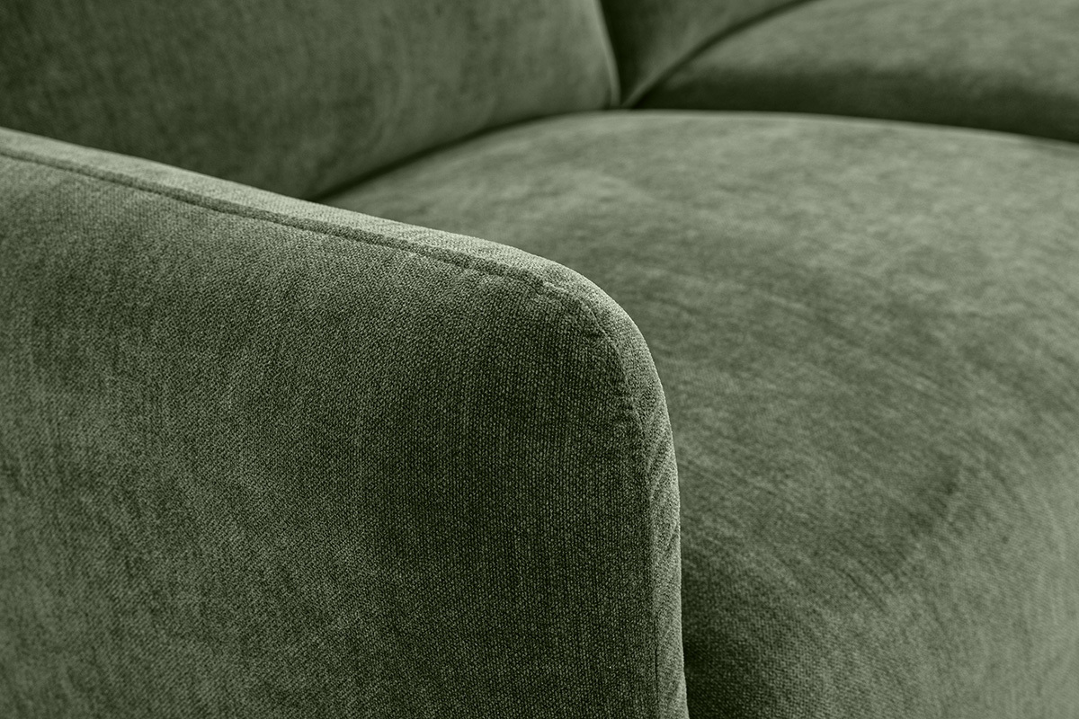 Canap� design 2 places en tissu effet velours vert kaki et bois clair BONO