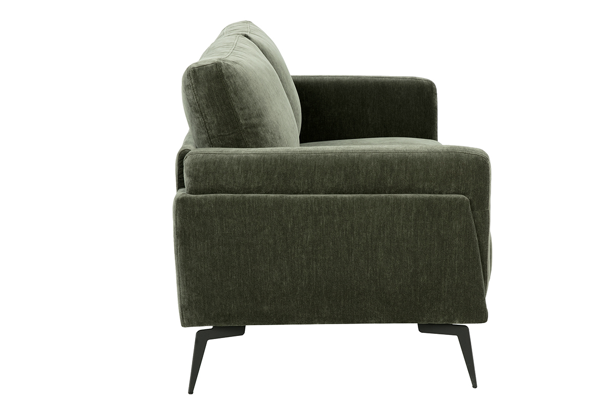 Canap design 2 places en tissu effet velours vert kaki et mtal noir MOSCO
